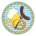 Oktoberfest symbol with beer, sausage and pretzel on round bavarian flag background Royalty Free Stock Photo