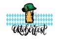 Oktoberfest symbols for beer festival on blue geometric texture. Vector drawn illustrations of glass mug, Bavarian hat.