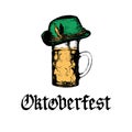 Oktoberfest symbols for beer festival. Vector drawn illustrations of glass mug, Bavarian hat, handwritten Gothic text.