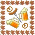 Oktoberfest symbols, beer and sausage, pretzels and maple leaves