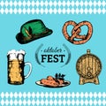 Oktoberfest symbols collection for beer festival flyer and poster. Vector hand sketched set of glass mug, pretzel etc. Royalty Free Stock Photo