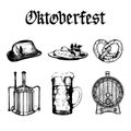 Oktoberfest symbols collection. Vector drawn illustrations of glass mug, pretzel, barrel, Bavarian hat, kettle, sausages