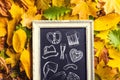 Oktoberfest symbols in picture frame, chalk drawings, autumn lea