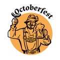 Oktoberfest text above heerful Bavarian man with beer mug and sausage. October fest beer emblem. Hand drawn vintage