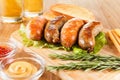 Oktoberfest traditional beer menu. Fried sausages with toast and mustard.