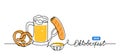 Oktoberfest vector banner, background with beer, pretzel and sausage. One continuous line drawing banner with lettering