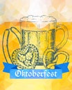 Oktoberfest vector illustration. Beer mug, pretzel, sausages and