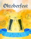 Oktoberfest vector illustration. Two beer glasses, pretzel, saus Royalty Free Stock Photo