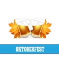 Oktoberfest vector illustration. Two beer mugs on the white back