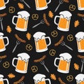 Oktoberfest vector seamless pattern. Illustration of Bavarian festival design on pattern background with mug of beer, grilled