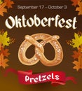 Oktoberfest vintage poster with Pretzels and autumn leaves on dark background. Octoberfest banner. Royalty Free Stock Photo