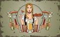 Oktoberfest woman cartoon with traditional cloth sausages beer bottles glass and accordion vector design