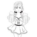 Oktoberfest woman waitress with beer. Sketch Vector. Cartoon. Isolated art
