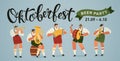 Oktoberfest world biggest beer festival opening parade musicians with historical costumes playing trumpet, accordion and