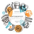 Oktoberfest wreath in collage style. German food and drinks menu design. Meat dishes sketches. German cuisine vintage frame. Royalty Free Stock Photo
