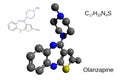 Chemical formula, structural formula and 3D ball-and-stick model of atypical antipsychotic olanzapine, white background. Royalty Free Stock Photo