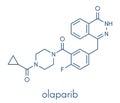 Olaparib cancer drug molecule. Inhibitor of PARP poly ADP-ribose polymerase. Skeletal formula.