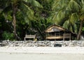 Old Abandon Wooden Fisherman Cabin with Wooden Bench under Palm Trees on The Island Royalty Free Stock Photo
