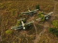 Old abandoned airfield with abandoned planes. Aerial view Royalty Free Stock Photo