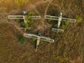 Old abandoned airfield with abandoned planes. Aerial view Royalty Free Stock Photo