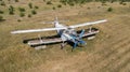 Old abandoned airplane on the field. Top view Royalty Free Stock Photo