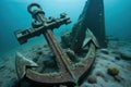 Old and abandoned anchor underwater in seaweed, generative AI. Royalty Free Stock Photo
