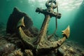 Old and abandoned anchor underwater in seaweed, generative AI. Royalty Free Stock Photo