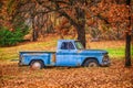 Old abandoned blue truck surrounded by fall foliage