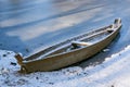 Old abandoned blue wooden broken boat under white snow on beach, lake covered by snow and foot traces, panoramic view of Royalty Free Stock Photo