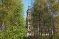 Old abandoned brick bell tower seen through the trees Royalty Free Stock Photo