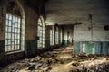 Old abandoned building with broken lancet windows inside