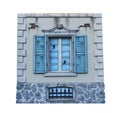 Old abandoned building european style with cracked blue windows isolated on white background and clipping path Royalty Free Stock Photo