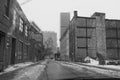 Old abandoned buildings on a deserted street in winter