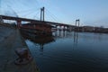 Old abandoned cable-stayed Rybalskii bridge. It connected the historical district Podil with the Rybalskii island. Kyiv, Ukraine Royalty Free Stock Photo