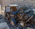 An old abandoned car in the ghost town of Aceredo in the Alto Lindoso reservoir Royalty Free Stock Photo