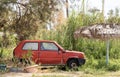 Old abandoned car in overgrown garden