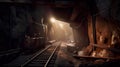 Old abandoned coal mine, AI generative industrial object with rails