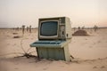 Old abandoned computer in the desert, technology of the past, Generative AI