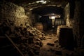 An old abandoned dusty cellar with empty wooden barrels