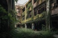 old abandoned factory with overgrown vegetation and broken windows Royalty Free Stock Photo