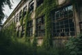 old abandoned factory with overgrown vegetation and broken windows Royalty Free Stock Photo