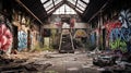 Old abandoned factory with rusty remains and graffitis on the wall.