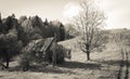 Old abandoned farm house under the hill Royalty Free Stock Photo