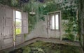 Old abandoned farmhouse with room ruined by green mold