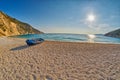 Old Abandoned Fishermen Boat at Sunset Myrtos Beach in Kefalonia, Greece Royalty Free Stock Photo