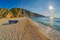 Old Abandoned Fishermen Boat at Sunset Myrtos Beach in Kefalonia, Greece Royalty Free Stock Photo