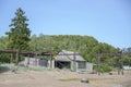 Old abandoned fishing village on the Baltic sea, broken Telfer installation for launching heavy boats on the water