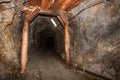 Old abandoned gold mine underground tunnel with wooden timbering Royalty Free Stock Photo