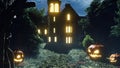 An old abandoned horror house in the forest at night with ghosts and mystical fog. The glowing pumpkins, the celebration Royalty Free Stock Photo