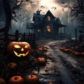 Old abandoned house in the autumn forest with Halloween decoration Royalty Free Stock Photo